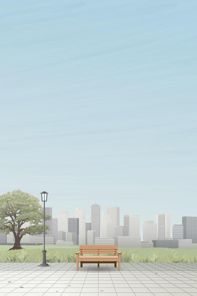Cityscape view from public park have skyscraper and blue sky vertical background graphic illustration. vector