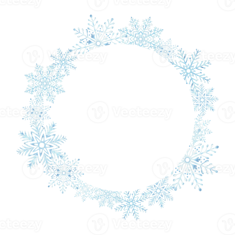 Blue snowflakes round frame. Christmas wreath template with copy space. Hand drawn watercolor illustration for New Year holiday design. Isolated clipart for postcard, scrapbooking, wrapping, cover. png