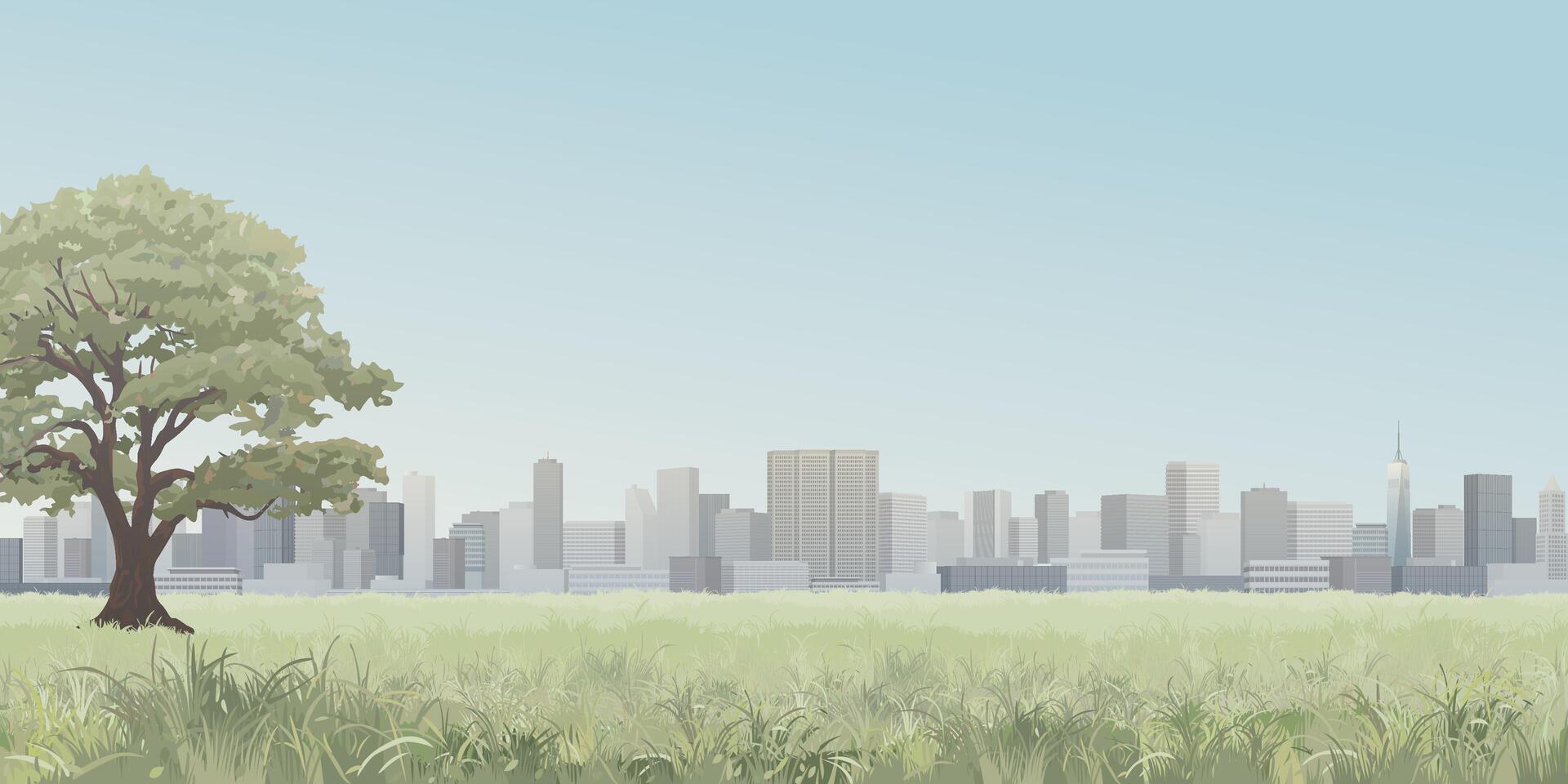 Cityscape view from public park have skyscraper and blue sky background graphic illustration. vector