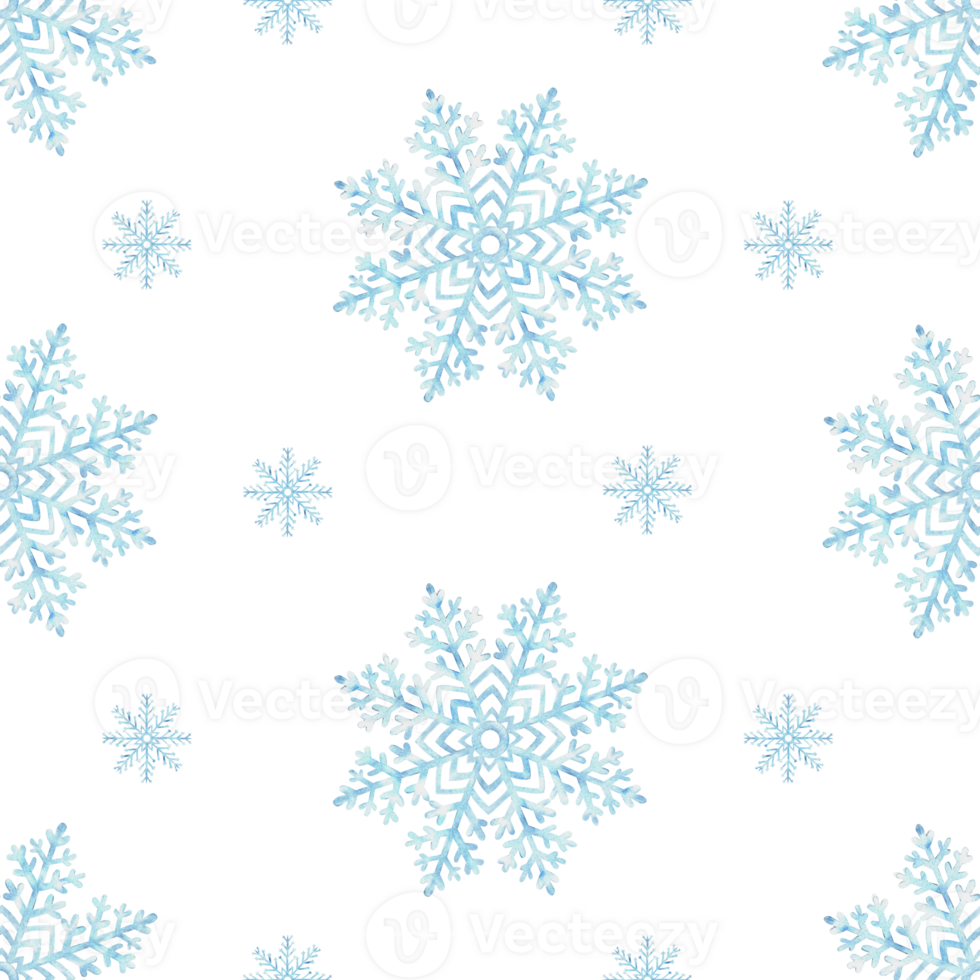 Blue snowflakes seamless pattern. Watercolor illustration. Ice stars for Christmas or New Year design. Winter holiday snowing endless background. Template for wallpaper, wrapping, fabric. png