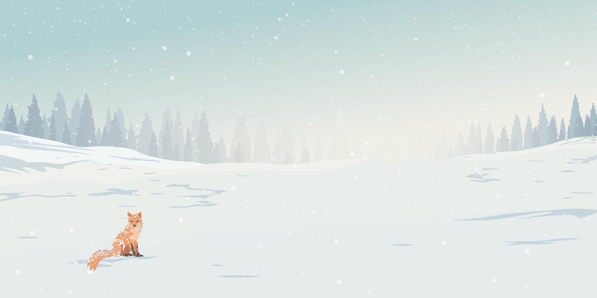 Winter landscape with lonely fox covered by white snow have snowfall and silhouette pine forest background graphic illustration. vector