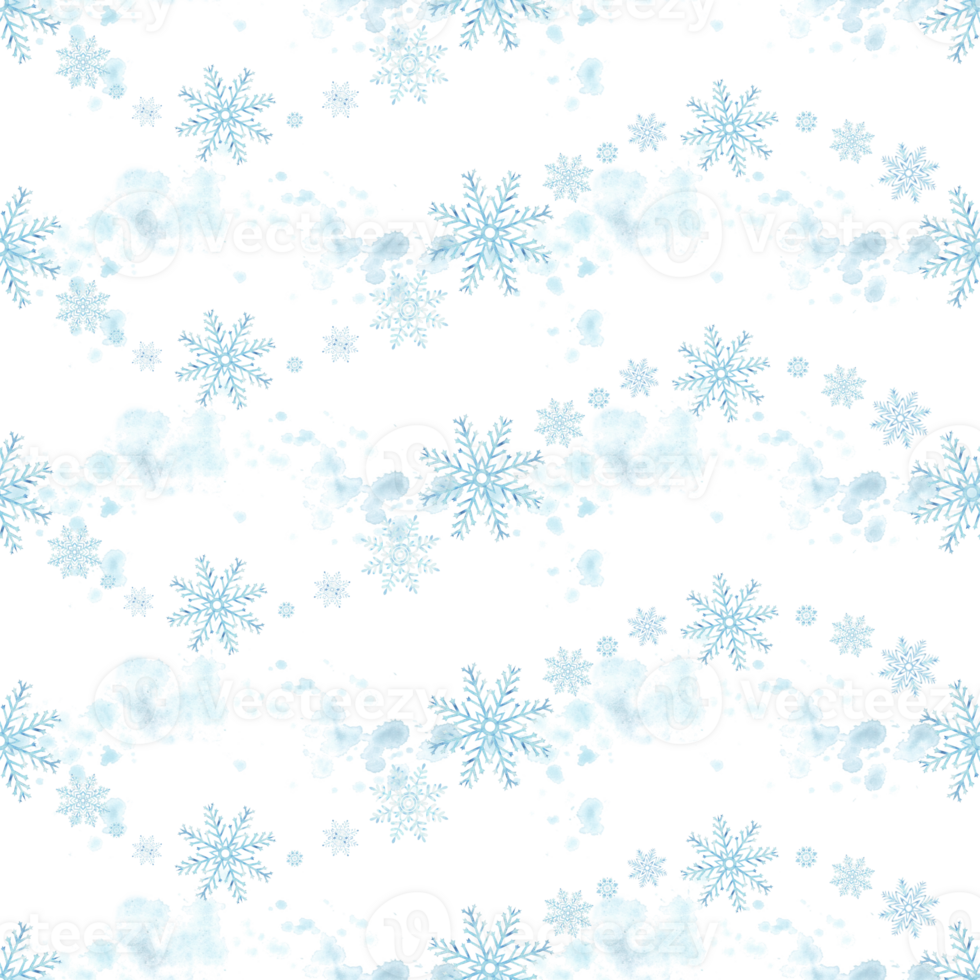 Blue snowflakes seamless pattern. Hand drawn watercolor illustration. Ice stars for Christmas or New Year design. Winter holiday snowing endless background. Template for wallpaper, wrapping, fabric. png