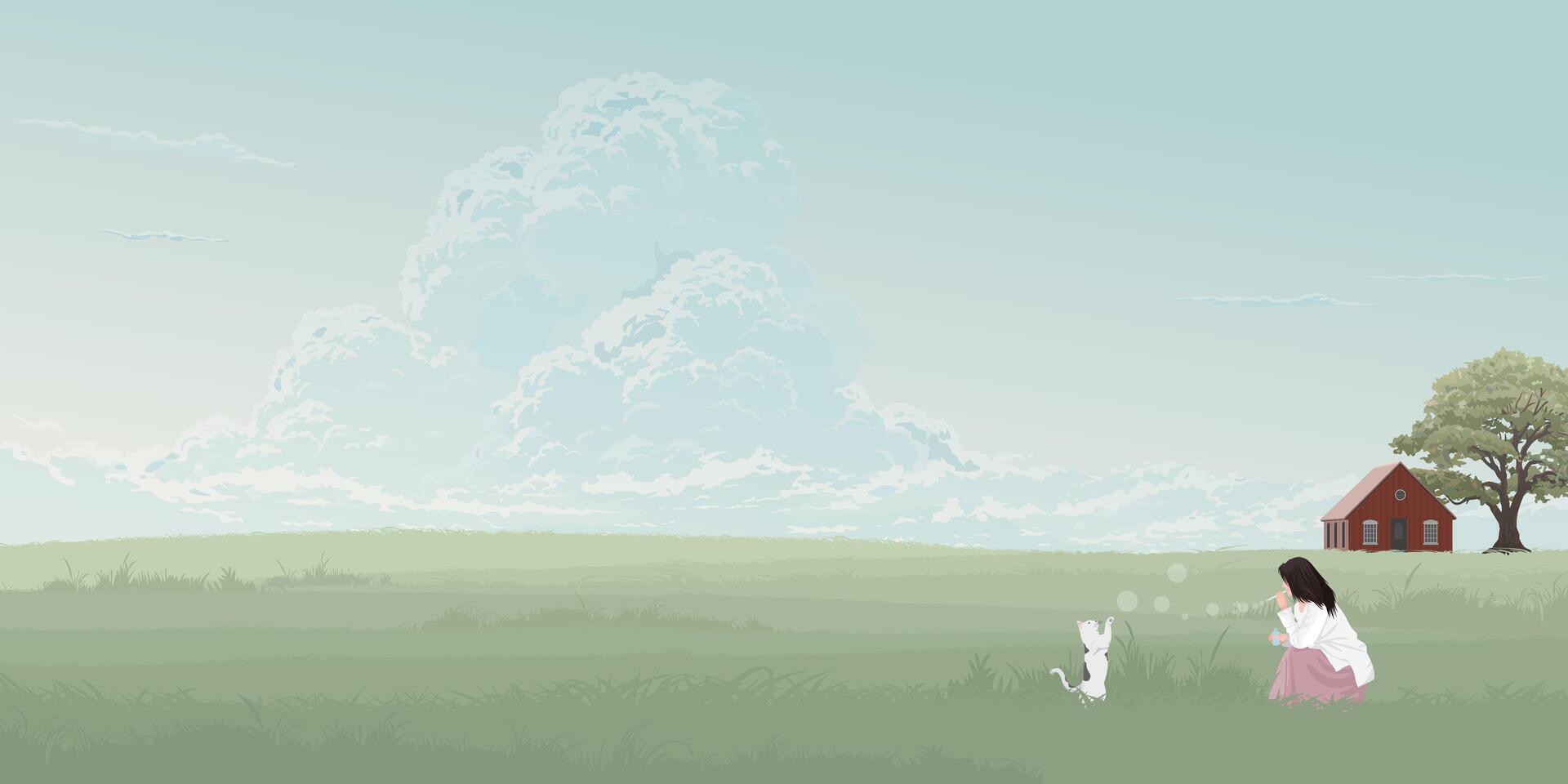 Minimalist countryside landscape with woman and cat playing soap bubbles on grass field have blue sky background graphic illustration. vector