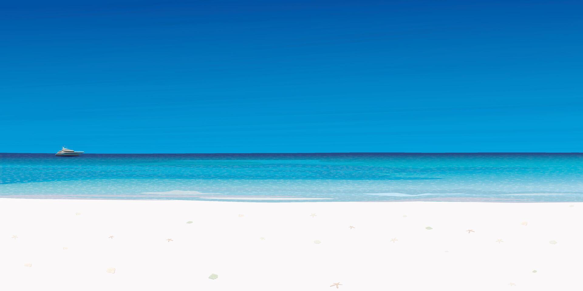 White sand beach and tropical blue sea have blue sky background graphic illustration. Traveling in summer concept have blank space. vector
