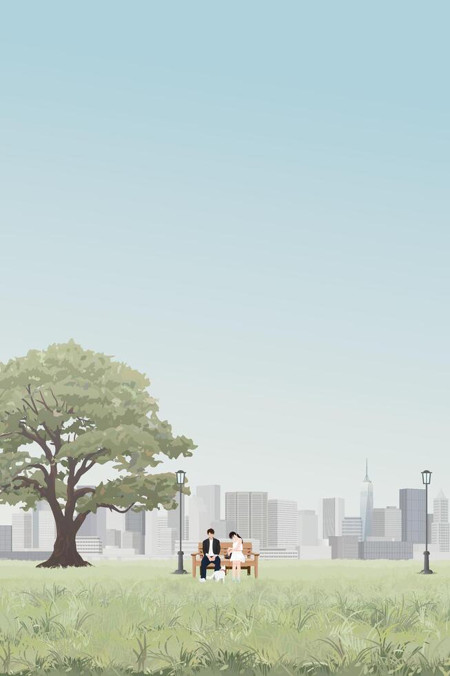Cityscape with couple of lover sitting on the bench with them dog at public park have skyscraper and blue sky vertical background graphic illustration. vector