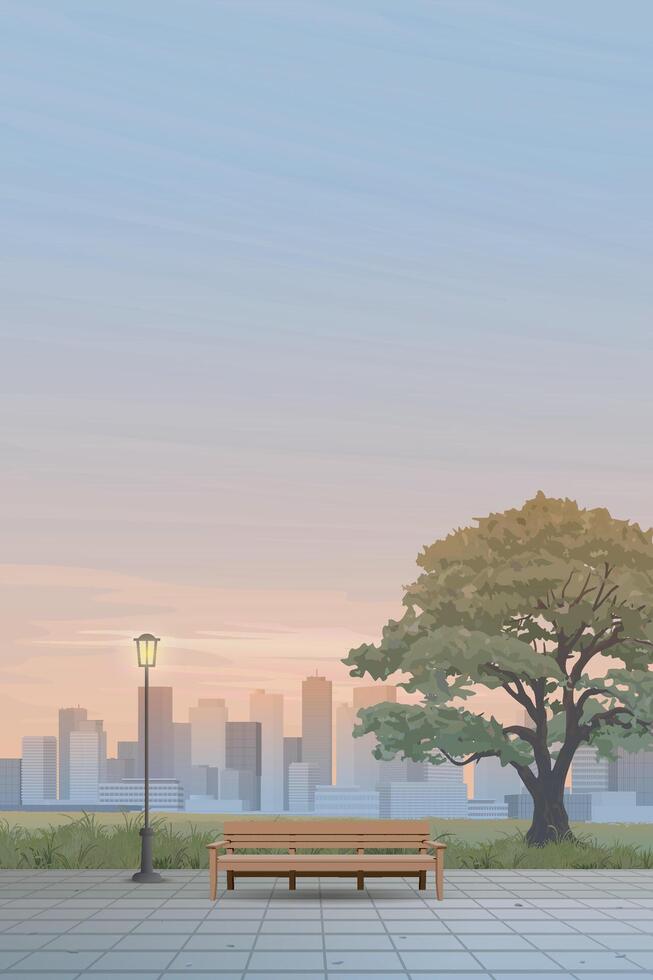 Cityscape sunset view from public park have skyscraper and vanilla sky vertical background graphic illustration. vector