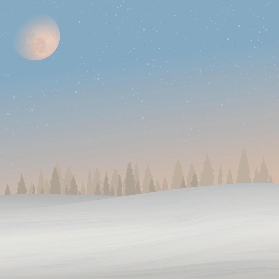 Minimalist sunset snowscape with silhouette pine forest have moon and starry on vanilla sky square background graphic illustration. vector