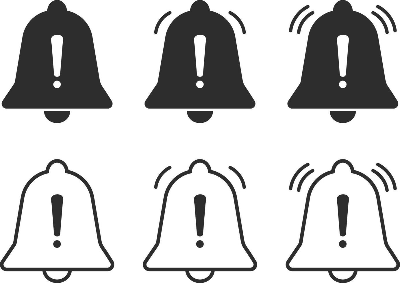 notification bell warning icon set. Warning notification bell sign. Exclamation mark with bell icon. Symbol of warning notice. vector