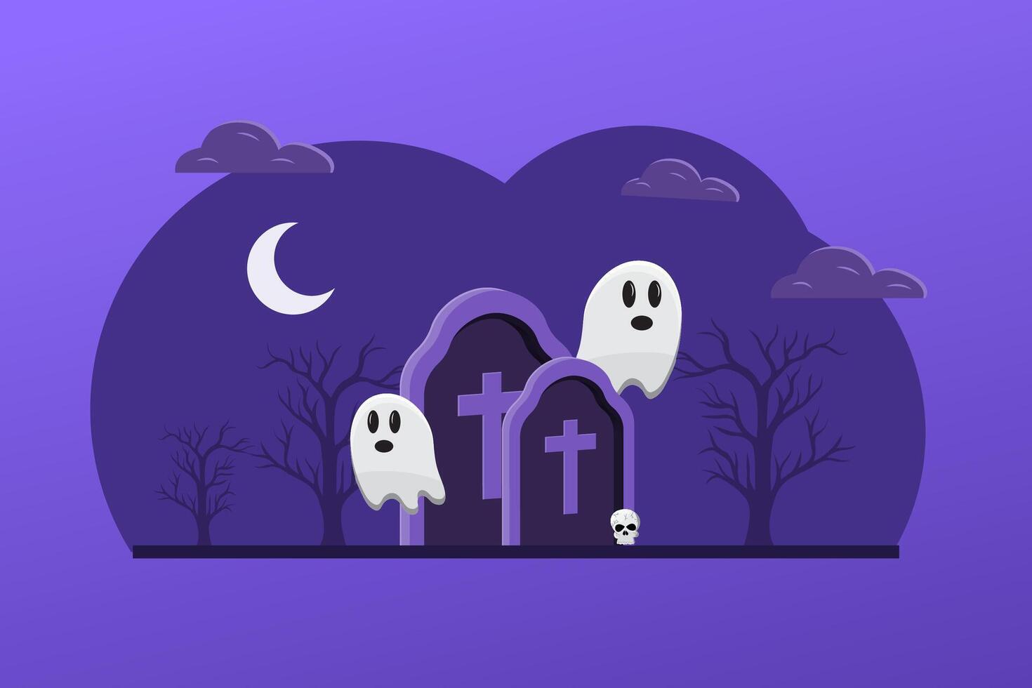 A purple background with three ghosts and a cross vector