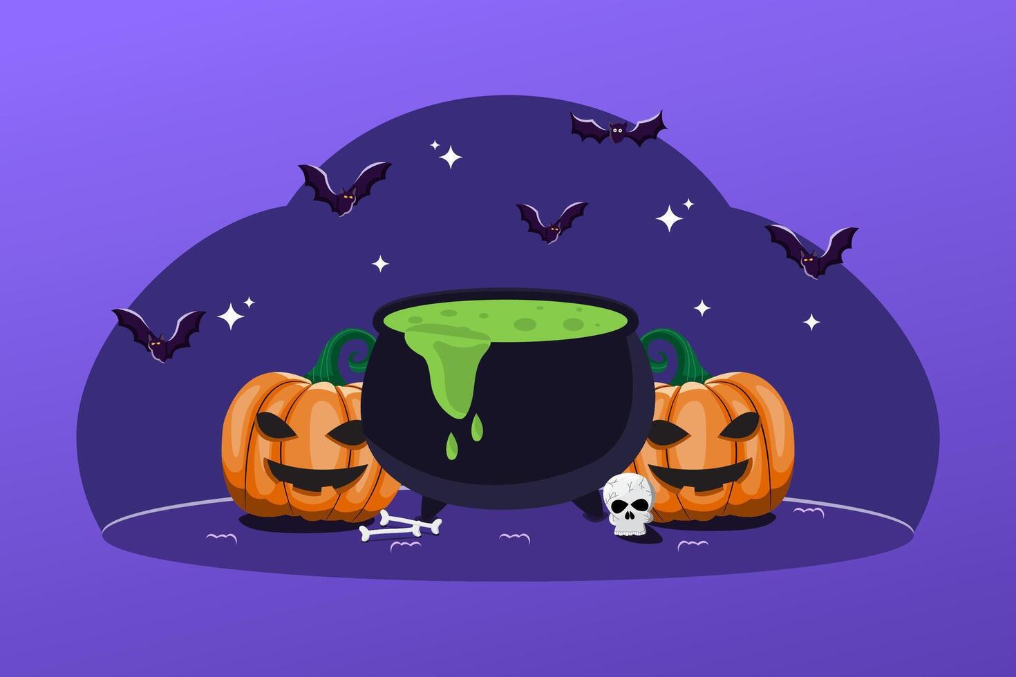 A Halloween themed image with a green cauldron and two pumpkins vector