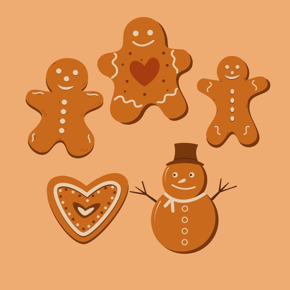 group of gingerbread men and a snowman are shown in a row vector