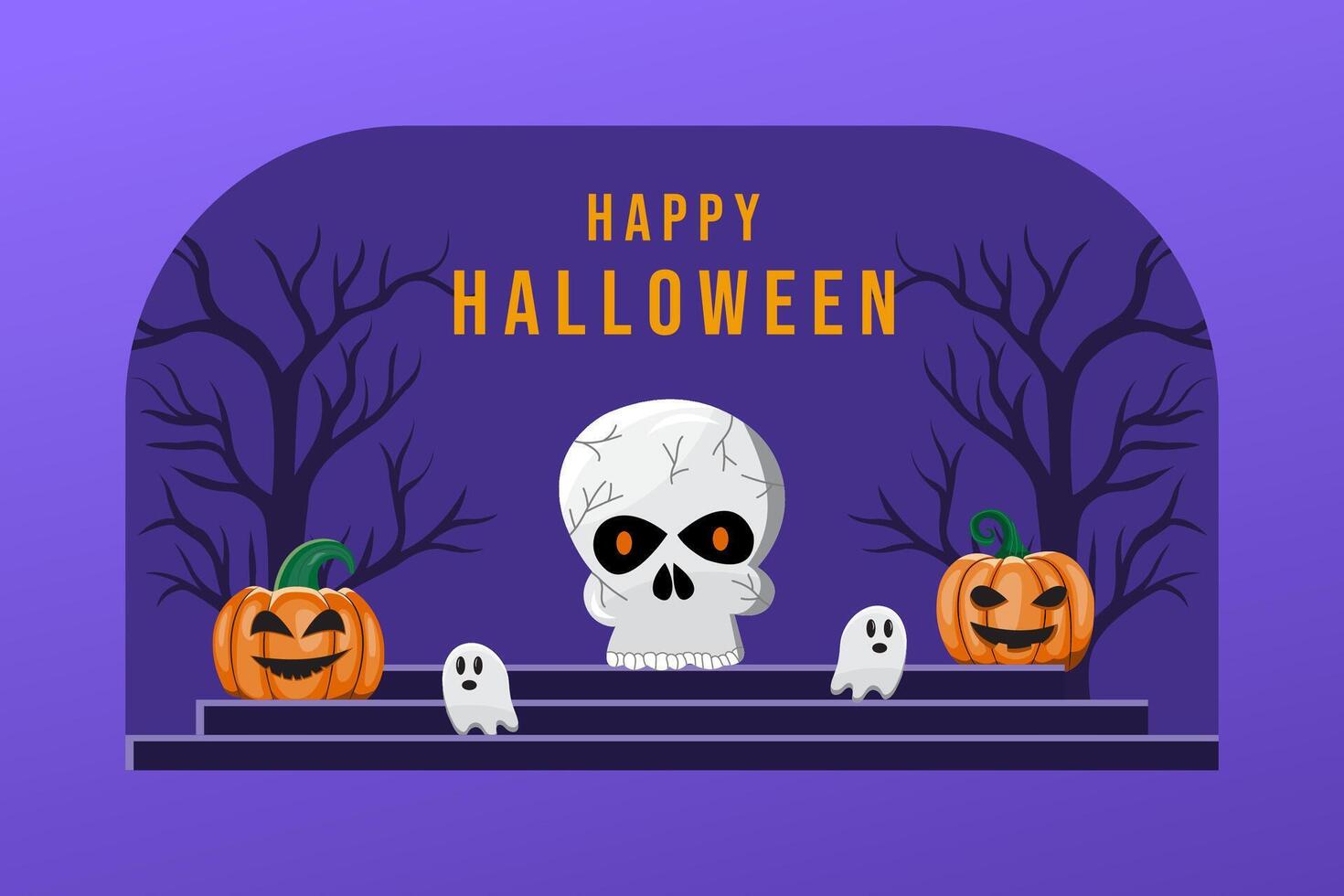 A skull is surrounded by pumpkins and a sign that says Happy Halloween vector