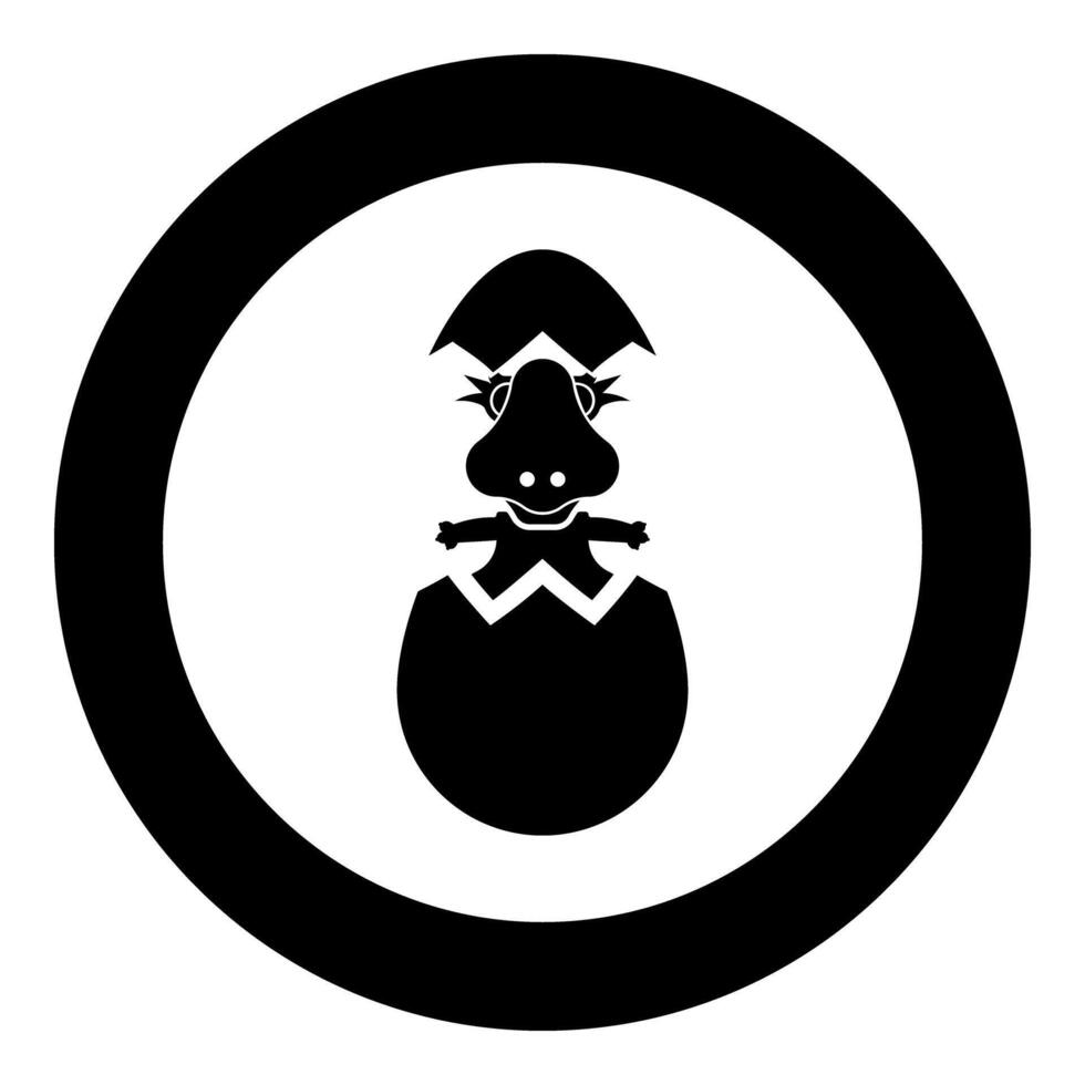 Dinosaur cute dino baby pretty hatch from egg cracked eggshell icon in circle round black color illustration image solid outline style vector
