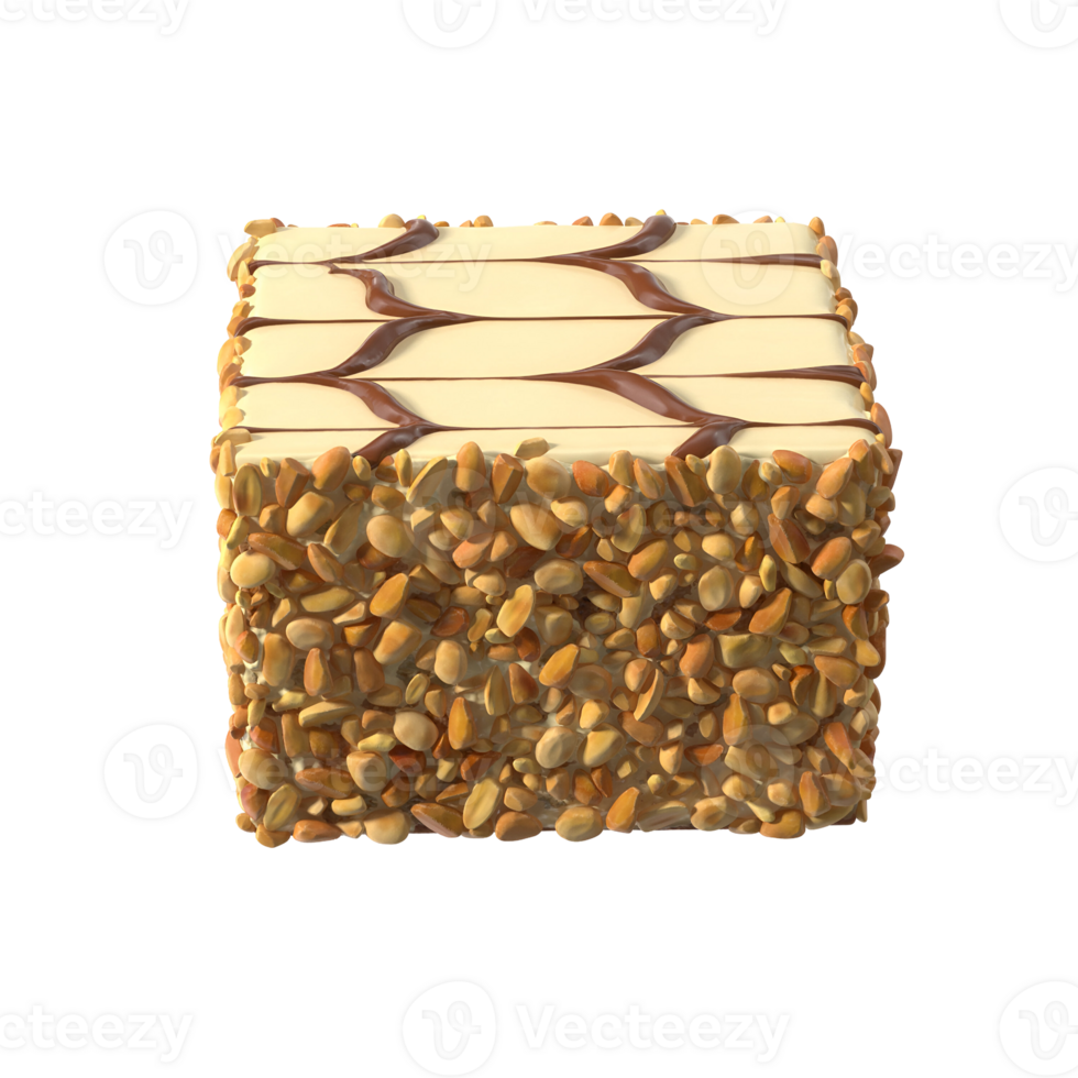 A delicious dessert featuring layers of cream and a nutty coating, drizzled with chocolate. Perfect for sweet cravings. png