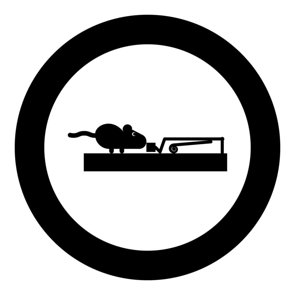 Mouse wants to eat piece of cheese from mousetrap silhouette rodent icon in circle round black color illustration image solid outline style vector