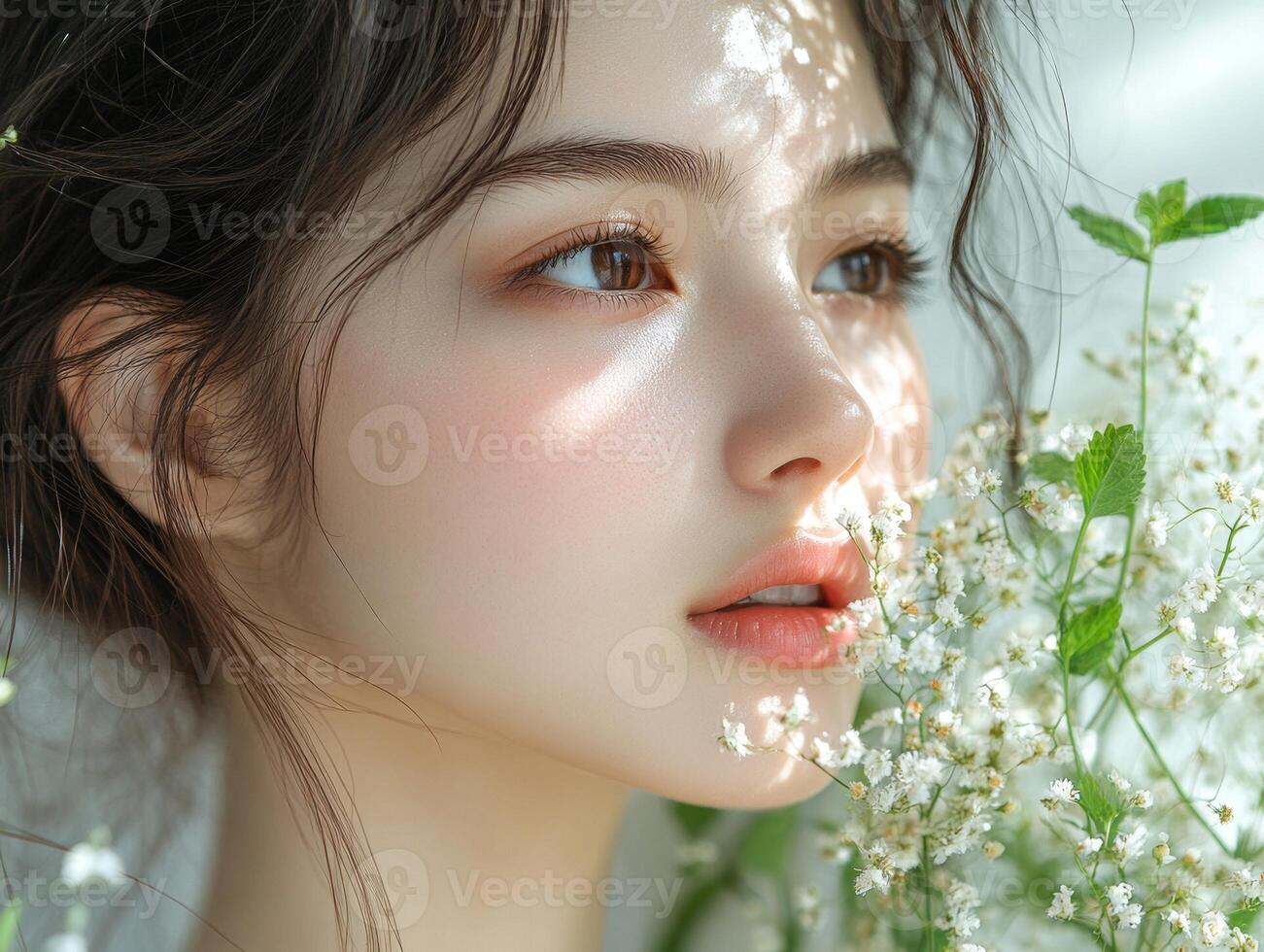 A woman with long hair and flowers in her hair photo