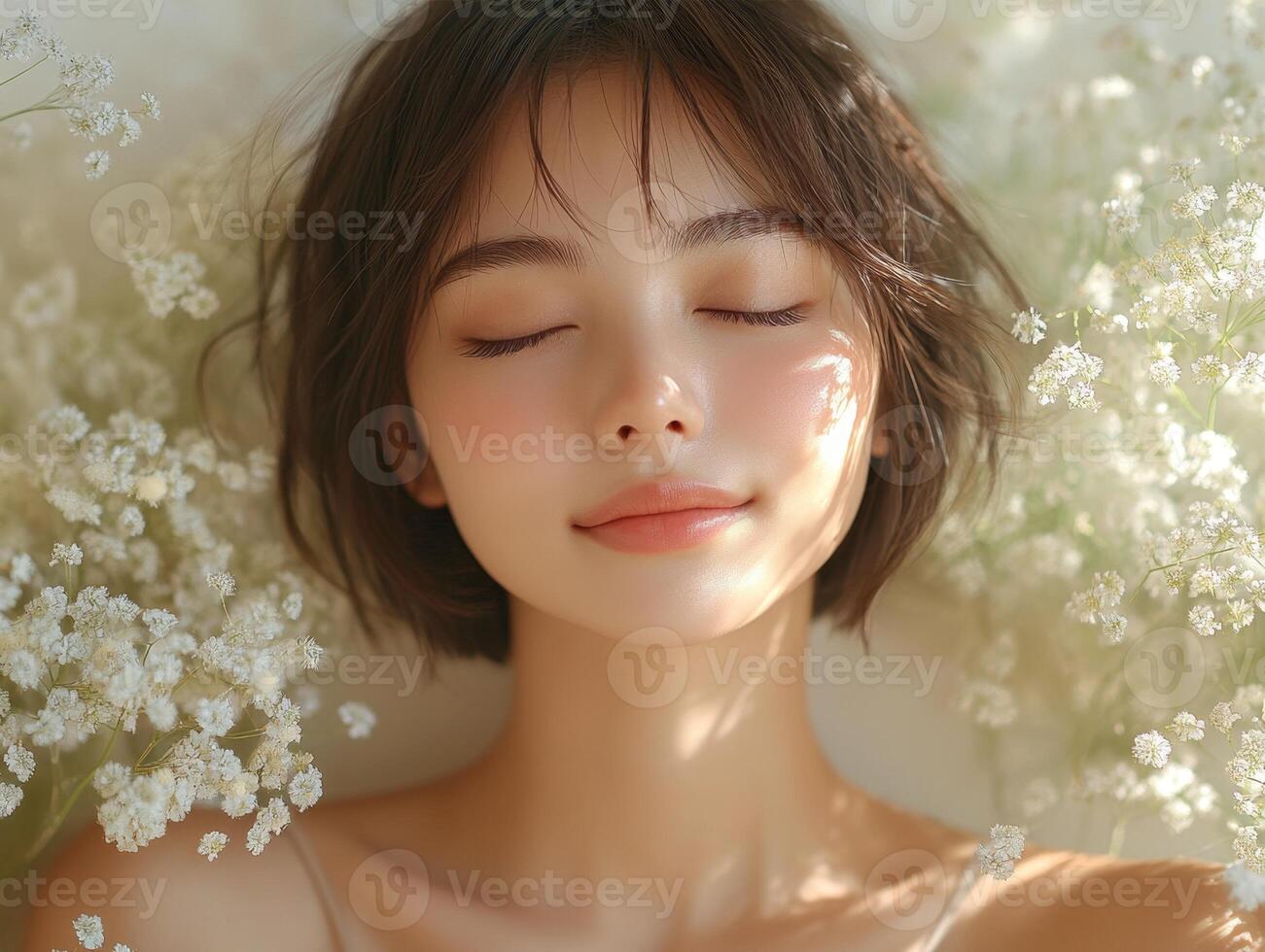 A woman with her eyes closed and flowers in the background photo