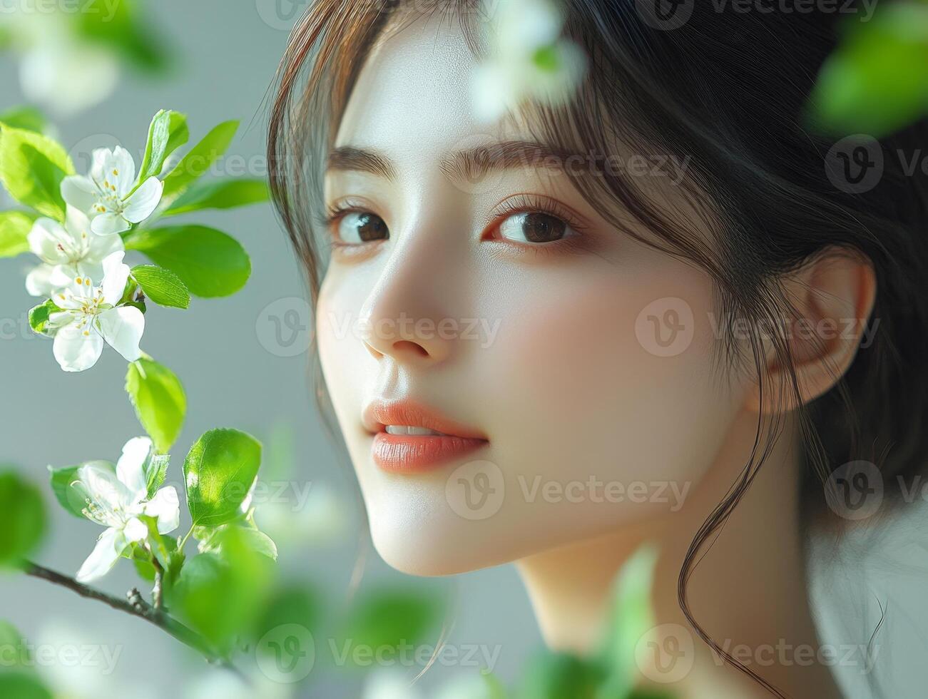 Beautiful asian woman with flowers in her hair photo