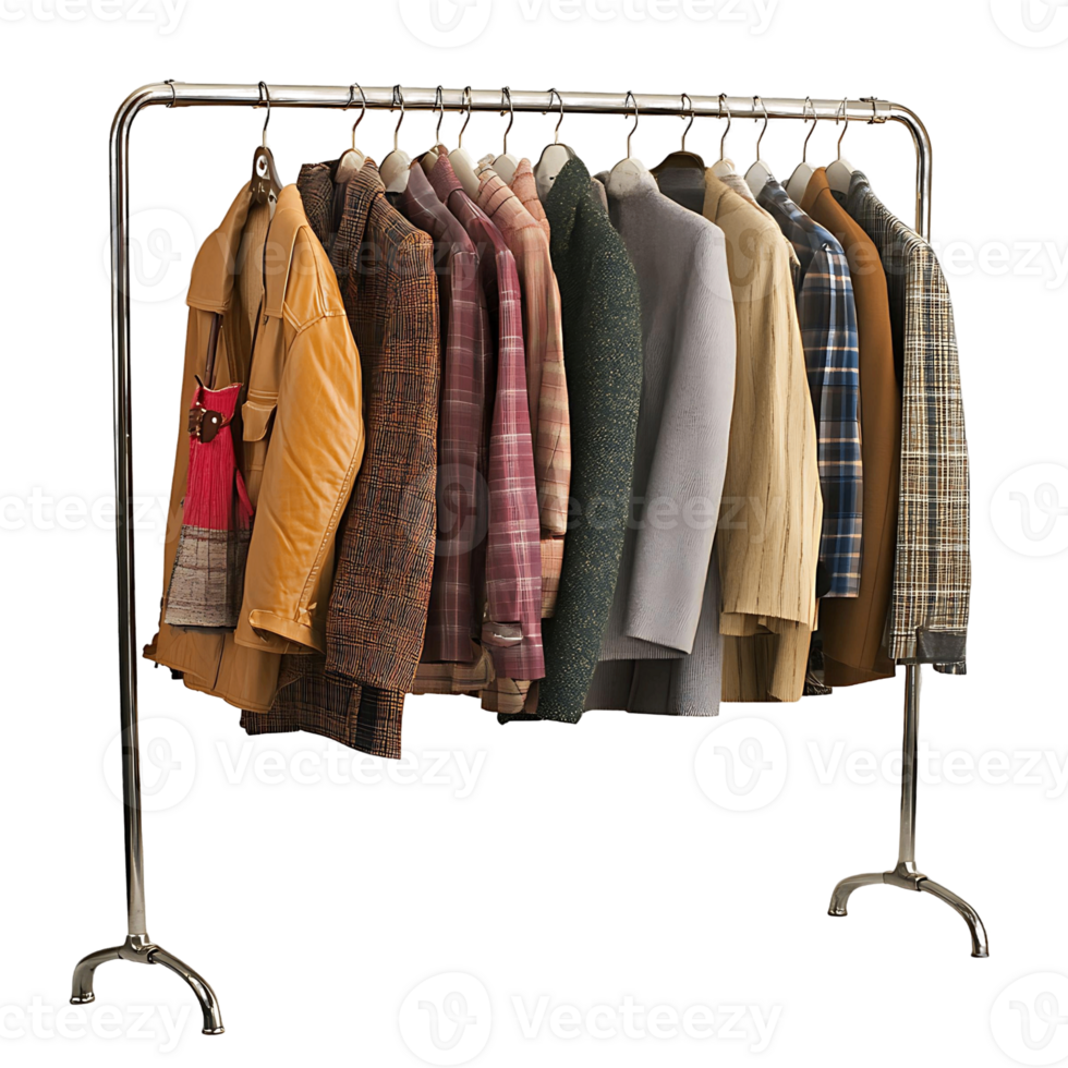 A stylish clothing rack with an assortment of trendy outfits hanging, isolated on a transparent background png