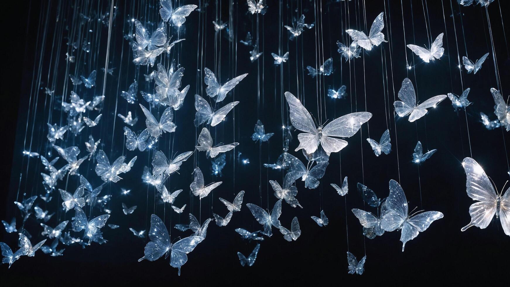 Cool-toned crystal butterflies suspended in air, creating an ethereal, shimmering display with an icy blue ambiance. photo