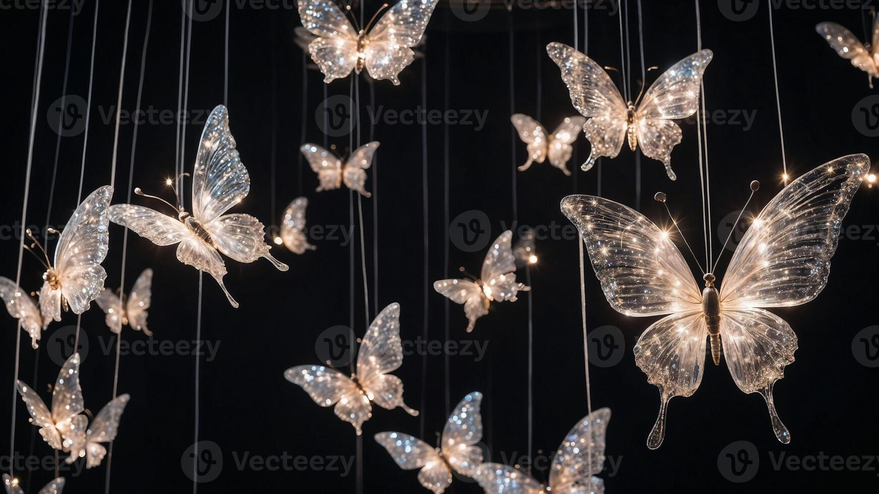 Illuminated crystal butterflies floating in mid-air, creating a sparkling, magical display with elegant light effects. photo