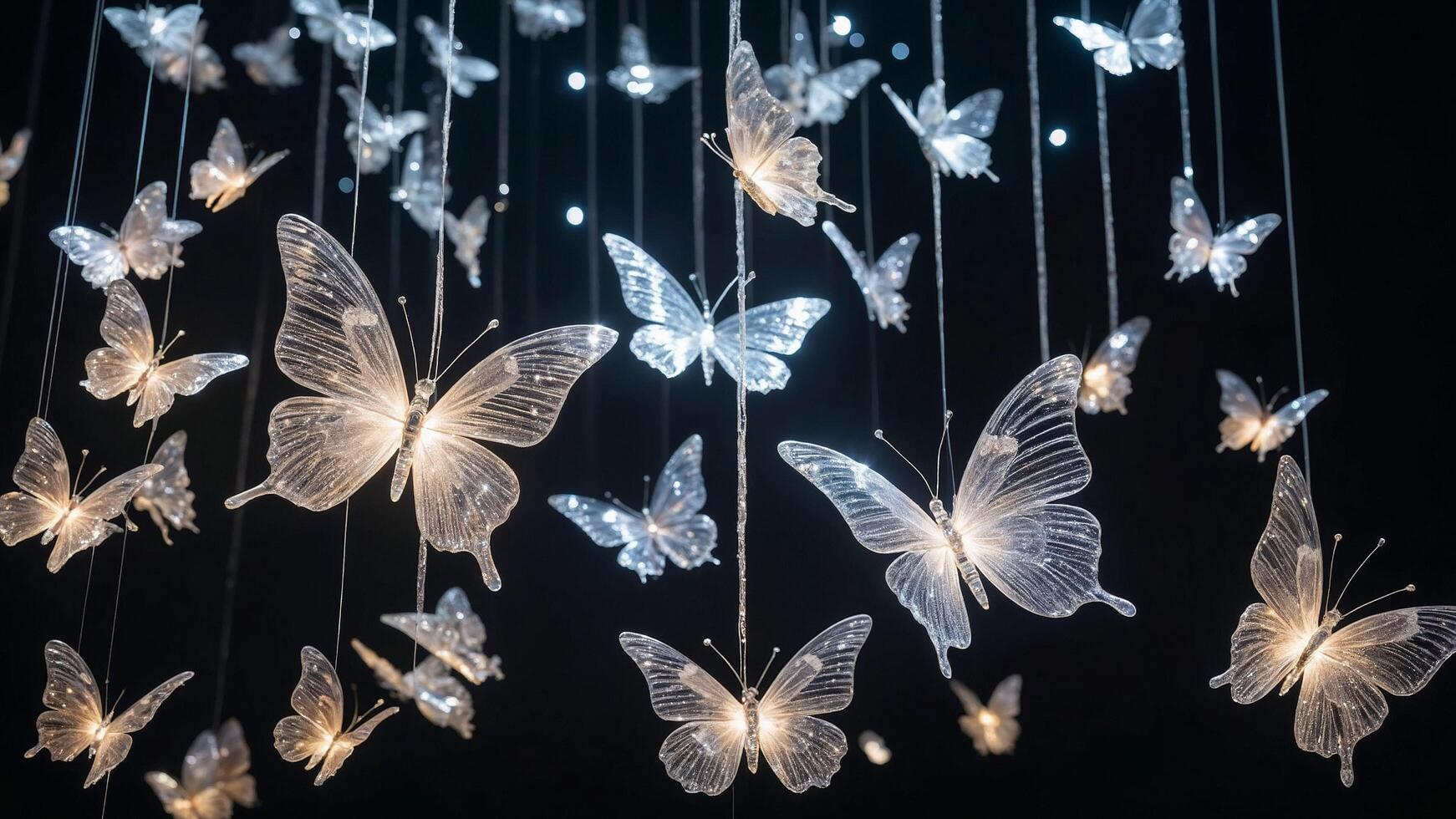 Artistic glowing butterflies suspended in the dark, creating a surreal and elegant visual display. photo