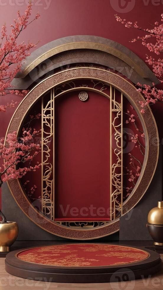 Ornate red and gold circular frame with cherry blossoms, perfect for elegant backgrounds, cultural events, or product displays. photo
