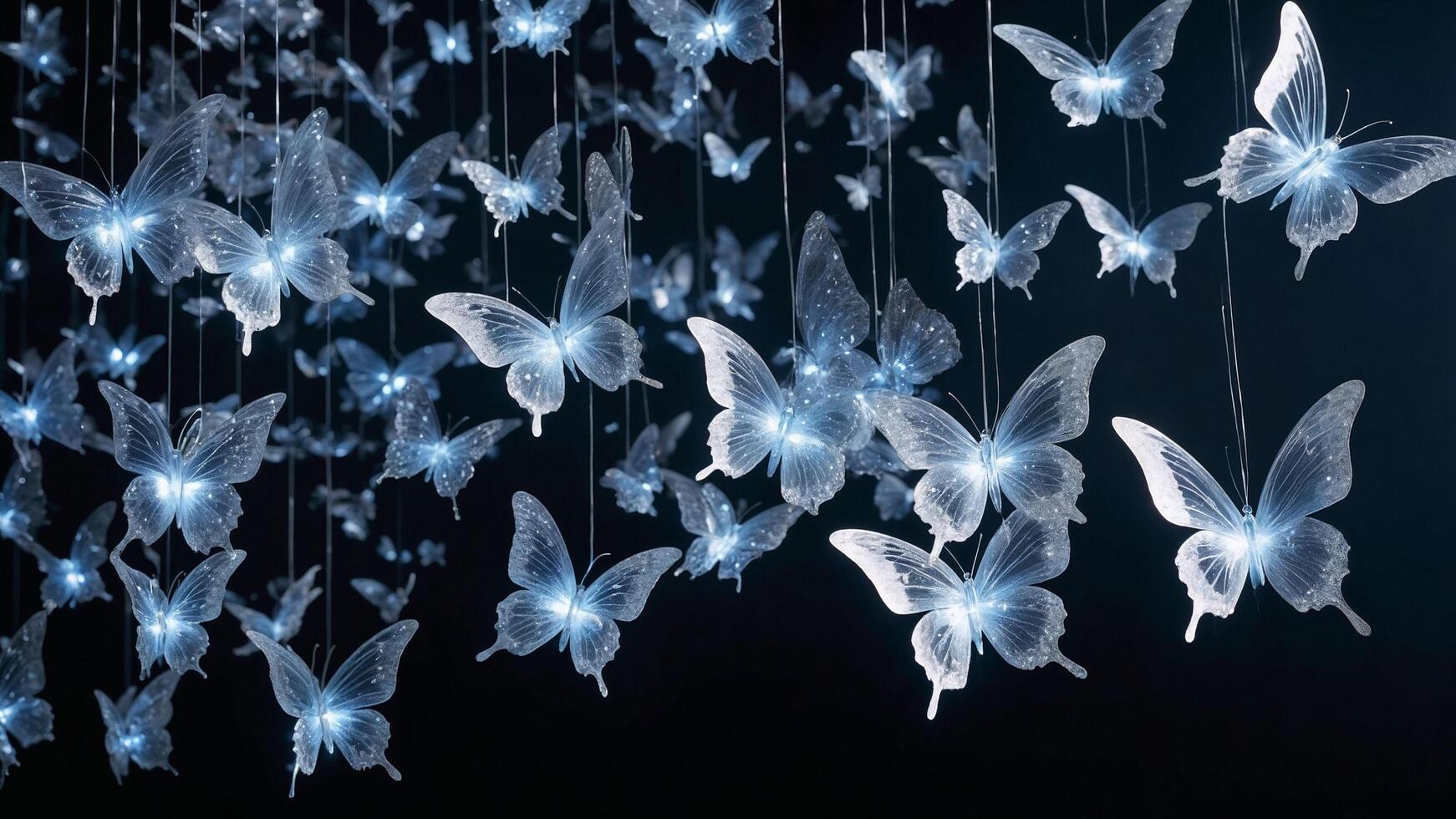 Crystal butterflies glow with icy blue light, creating an elegant and magical atmosphere against a dark background. photo
