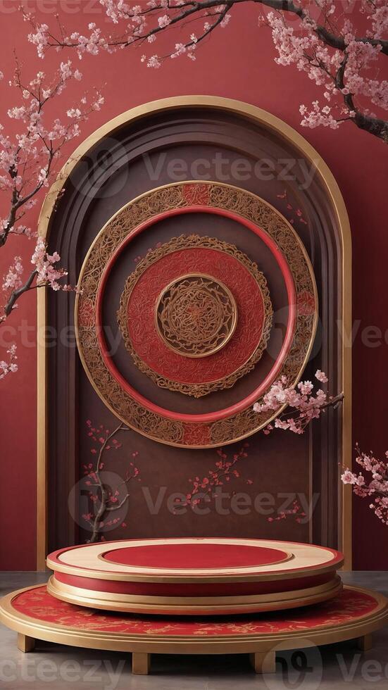 Luxurious red and gold circular display platform with cherry blossoms, perfect for product presentations or elegant backgrounds. photo