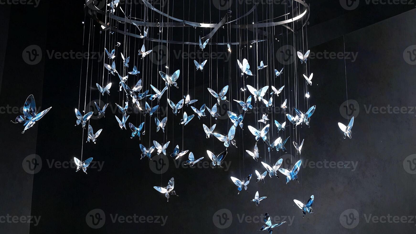 Crystal butterfly chandelier suspended in a circular frame, reflecting light for a modern and elegant visual experience. photo
