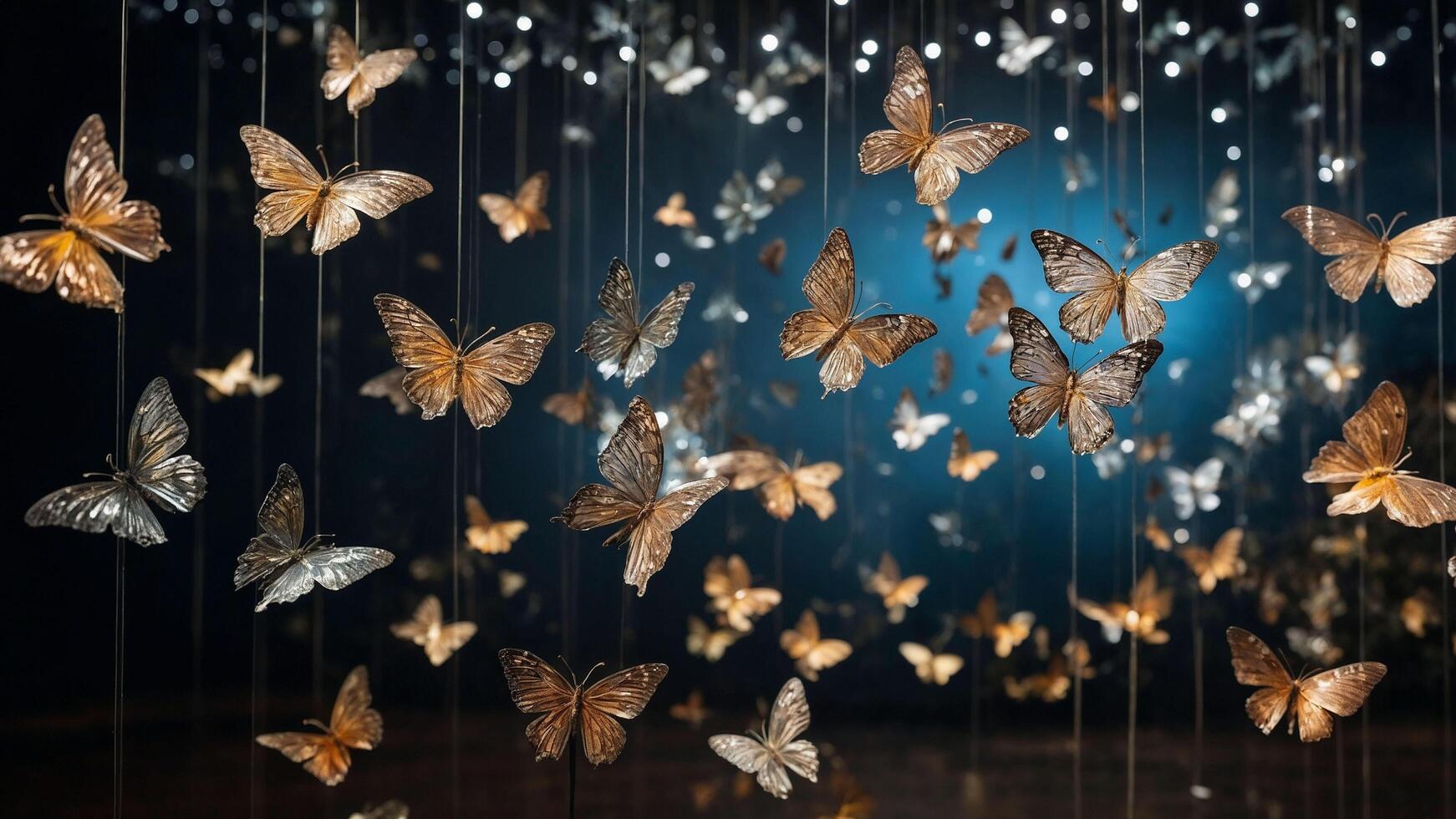 Crystal butterflies suspended in mid-air, creating a mesmerizing, floating installation with shimmering light effects. photo