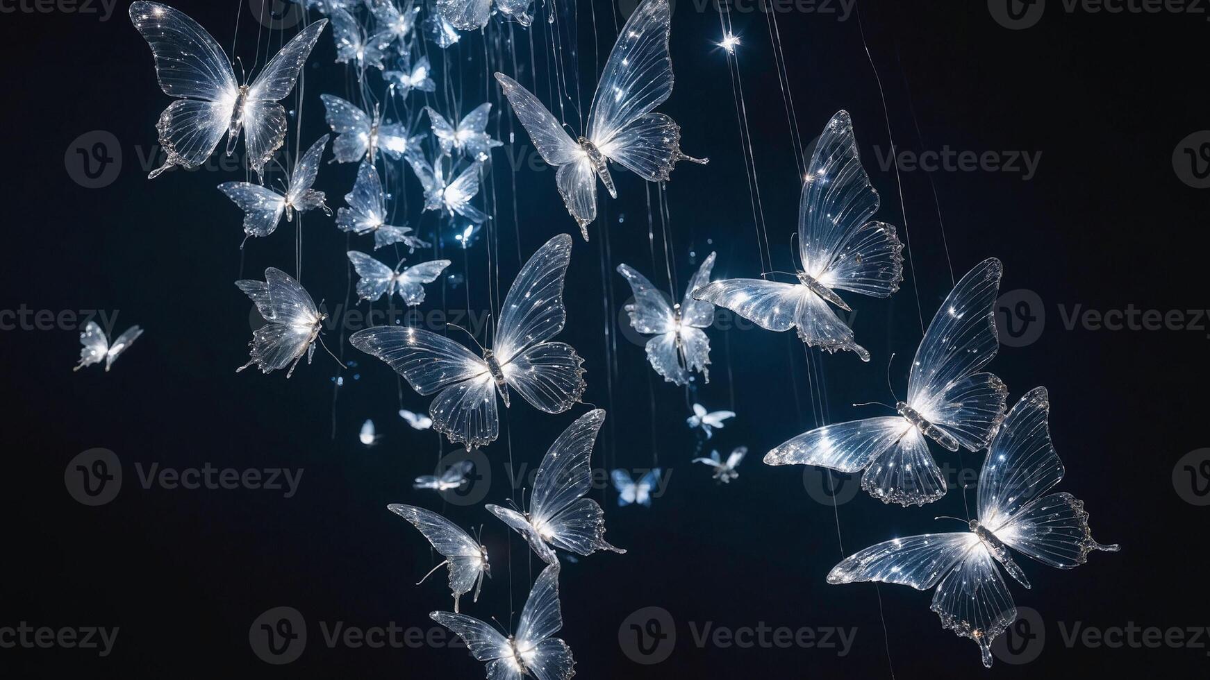 Glowing transparent butterflies suspended in the dark, creating a magical and artistic ambiance. photo
