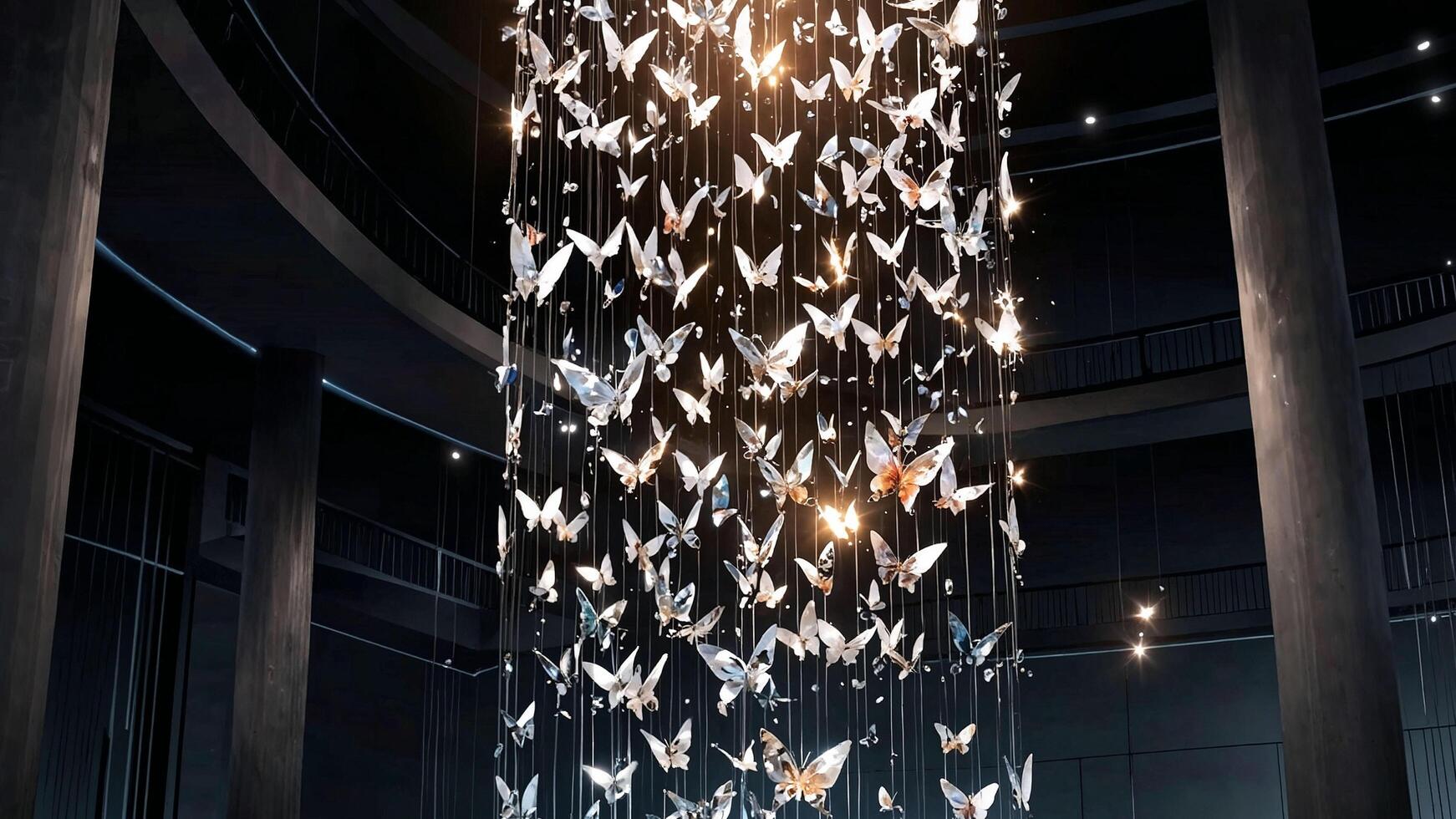 Cascading Butterfly Chandelier Installation with Warm Lights in a Modern Space photo
