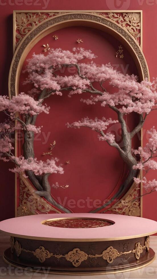 Asian-inspired platform with gold accents and cherry blossoms, ideal for displays or as a luxurious backdrop. photo