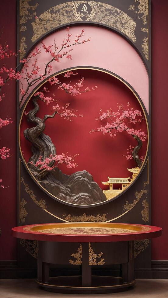 Luxurious Red and Gold Display Background or display purposes with Cherry Blossoms and Pavilion photo