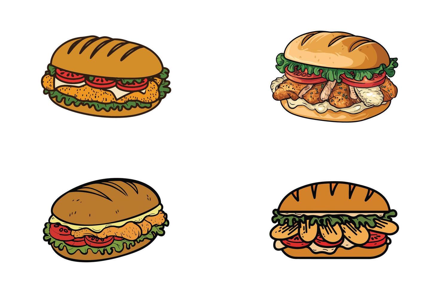 Set of chicken sandwich sticker on white background vector