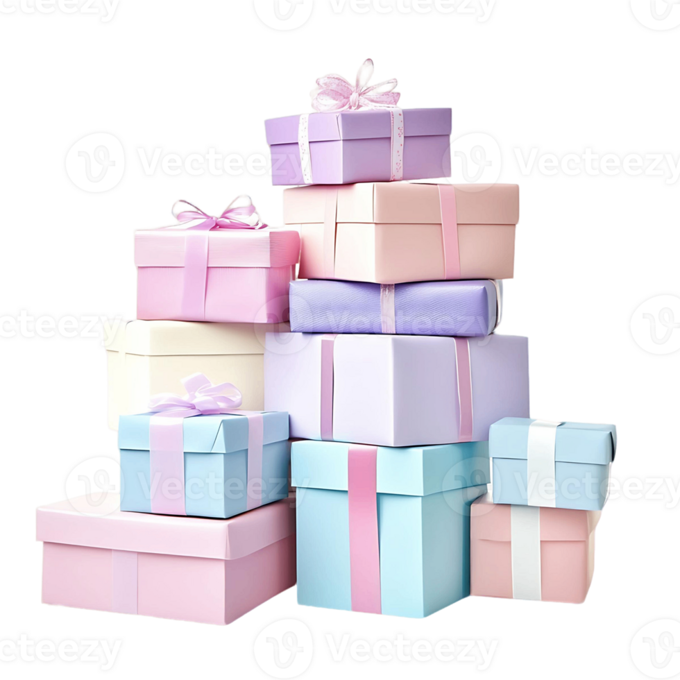 A stack of wrapped gifts in various sizes and colors, isolated on a transparent background png