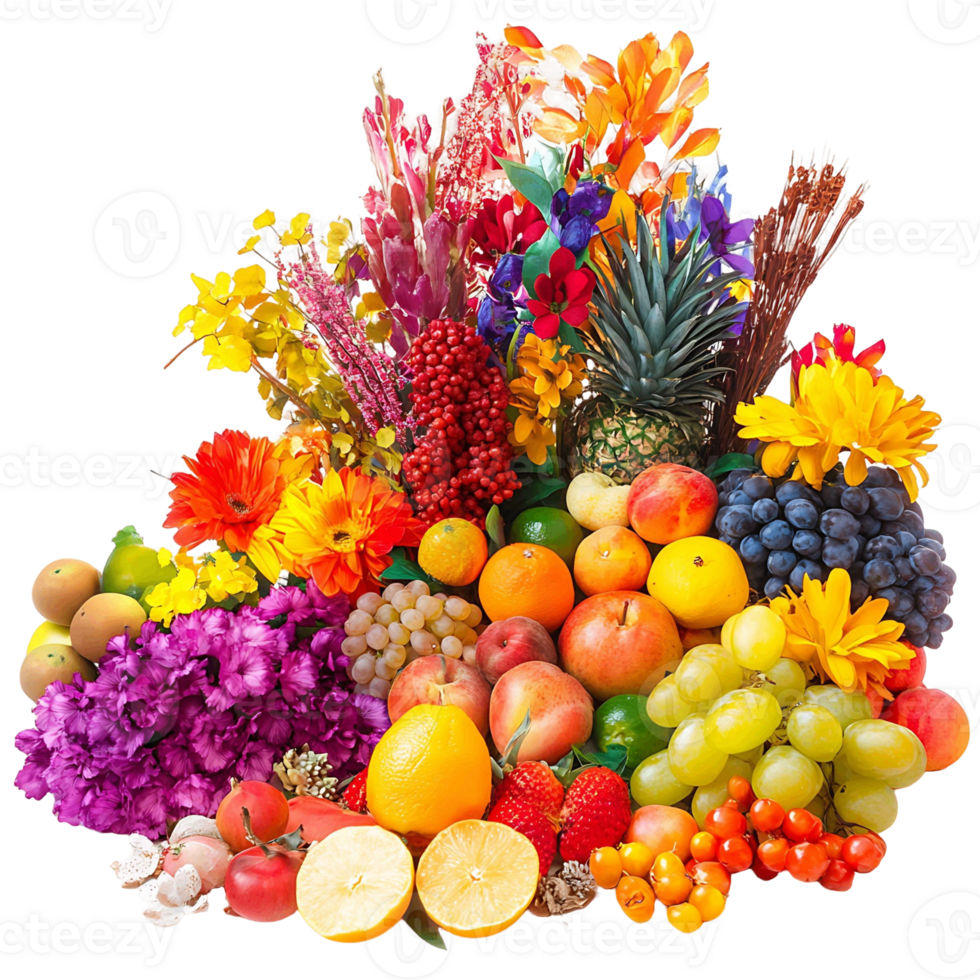 A colorful display of harvest festival elements, including fruits, flowers, and decorations, isolated on a transparent background. png