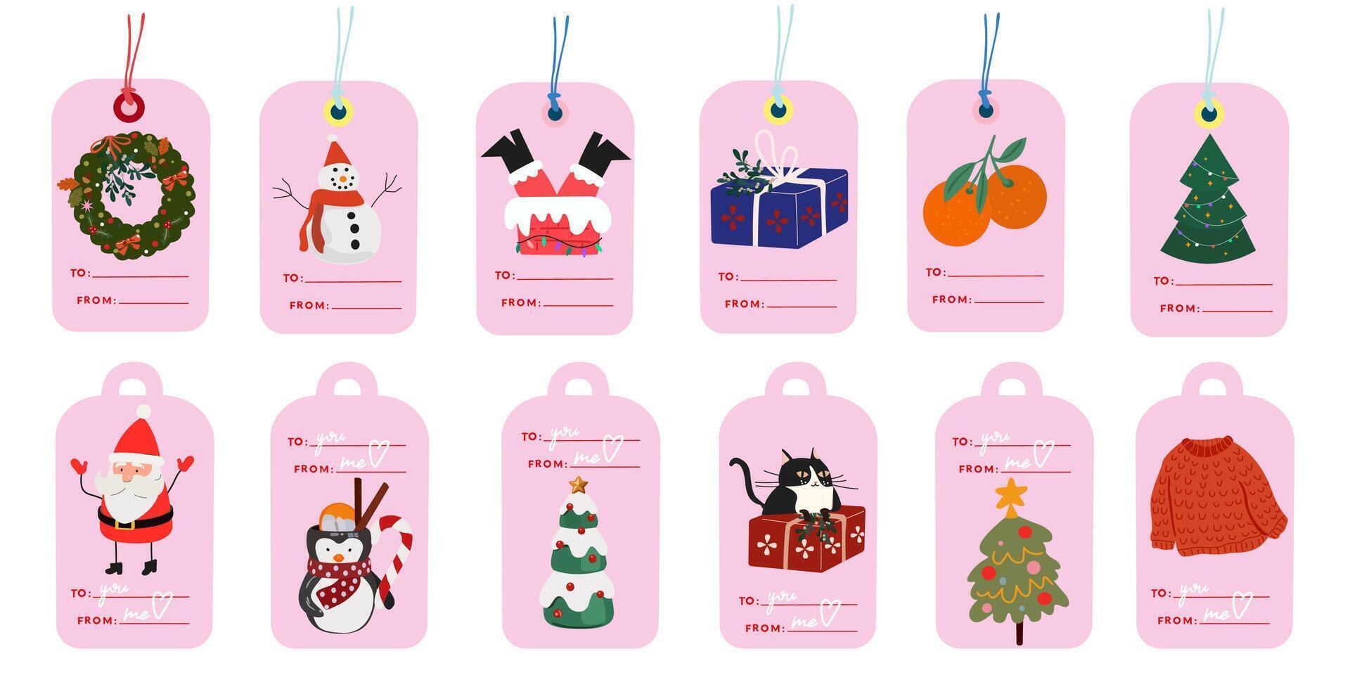 Big set of winter holiday labels with greetings. Printable pink winter labels for hanging on gifts. winter elements vector