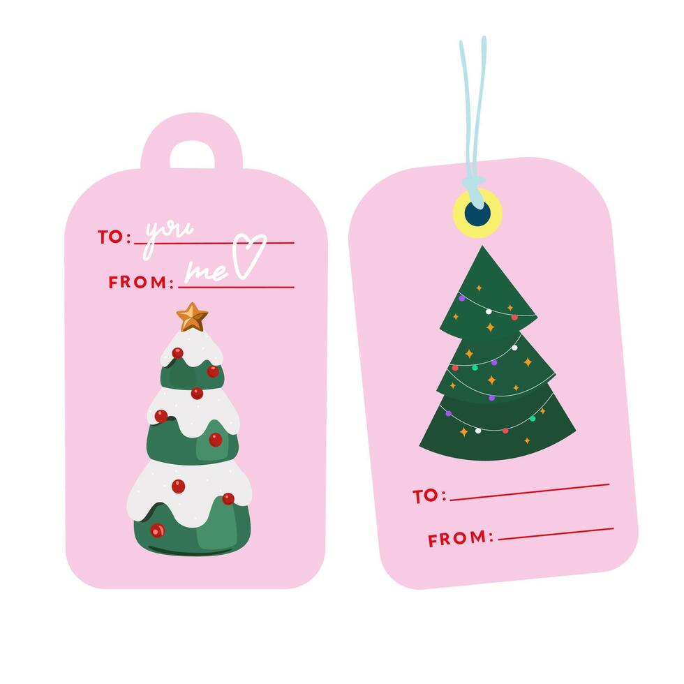 Christmas tree collection. Printable labels for hanging on gifts. Set of winter holiday labels with greetings vector