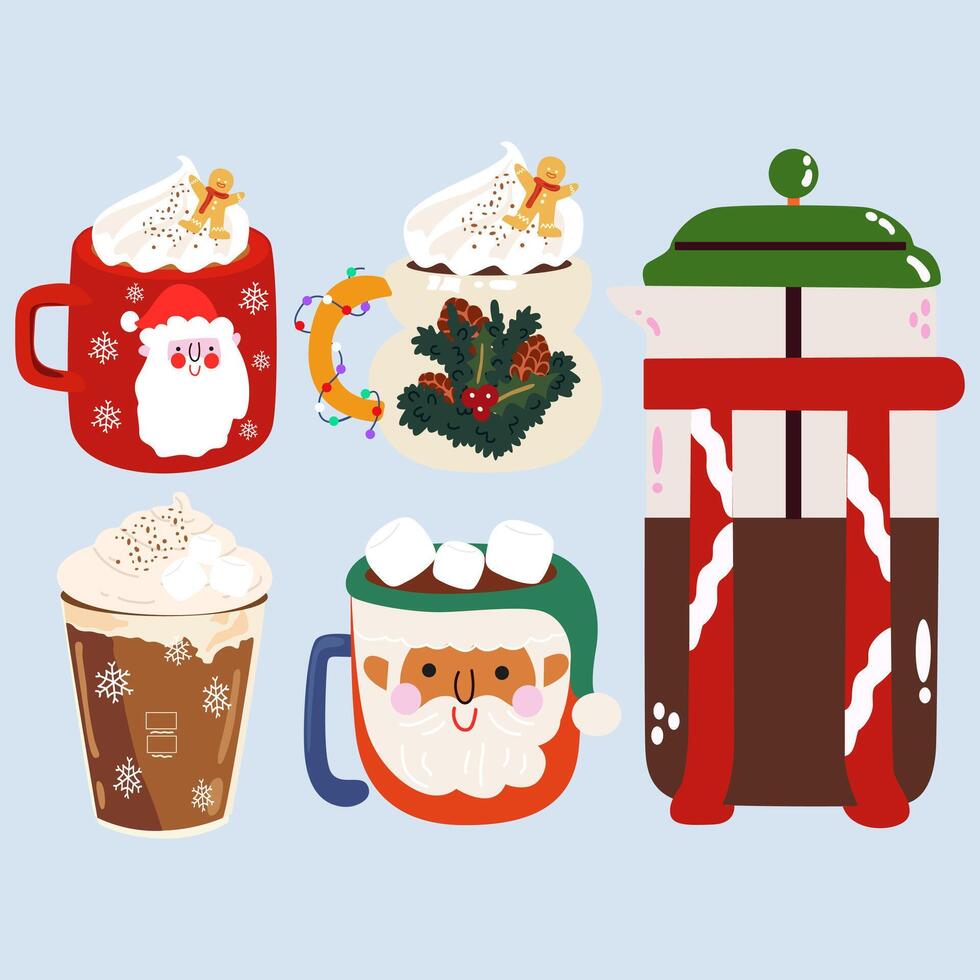 Mugs collection of Cocoa with marshmallow, coffee with cream vector