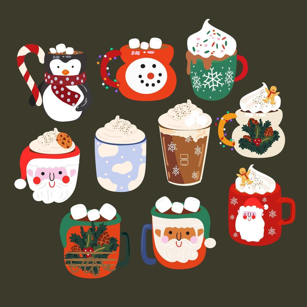 Christmas coffee cup and cacao drinks collection. Mugs for Xmas, New year or winter holidays. Winter warming drinks vector