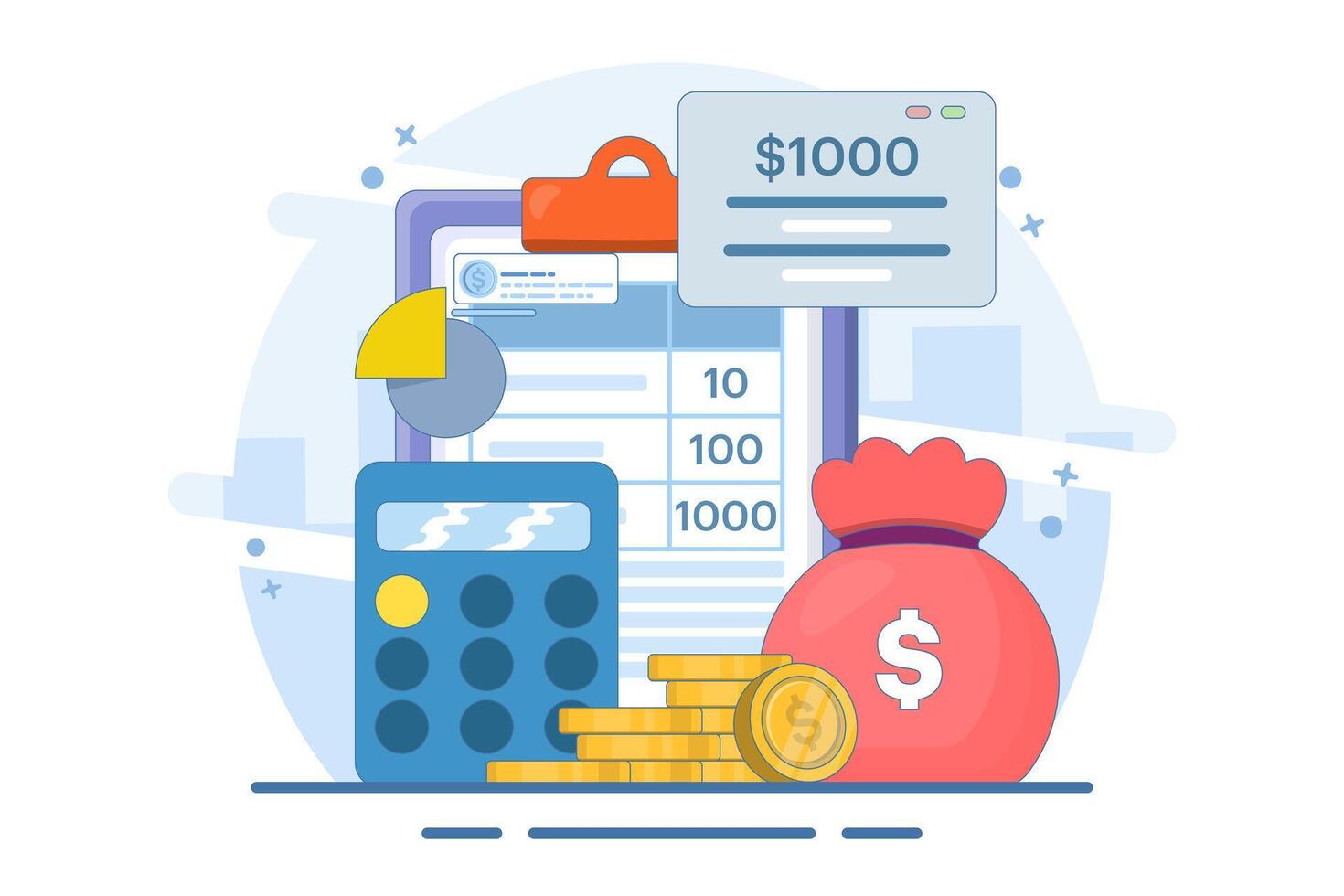 Financial management concept. Family income. People planning and recording household budget and expenses. Saving behavior for the future. Flat illustration. vector