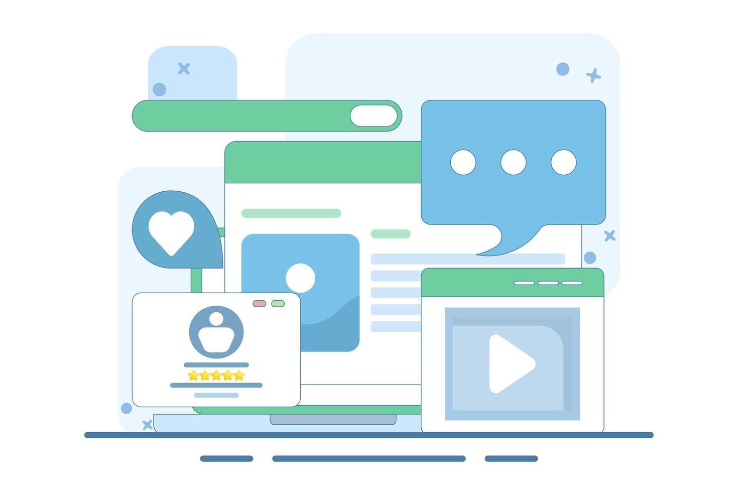 Concept of reading website content based on audience, Content ranking, Content marketing in search engines, Social media content with likes, shares and comments. vector