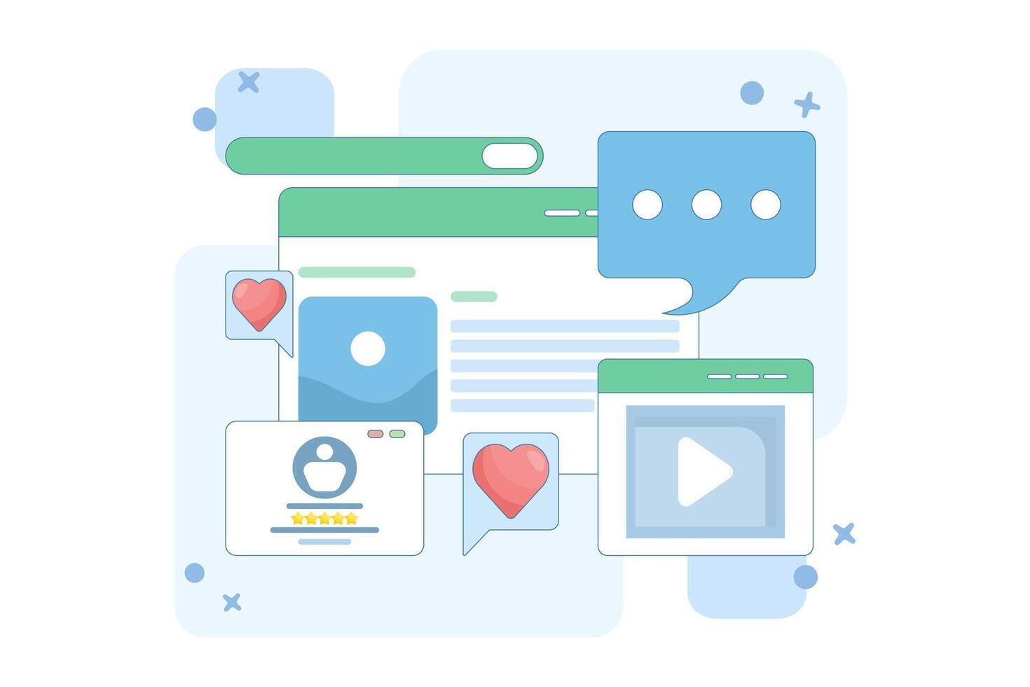 Concept of reading website content based on audience, Content ranking, Content marketing in search engines, Social media content with likes, shares and comments. illustration background. vector