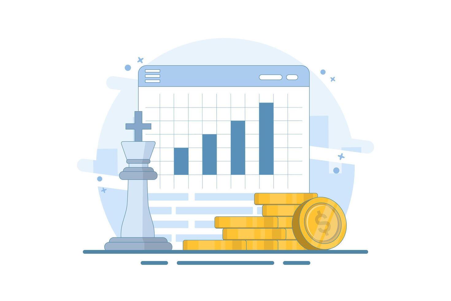 Digital financial growth concept, Online financial system management with chess king piece, tablet, gold coins on isolated background, digital marketing. Flat illustration on background. vector