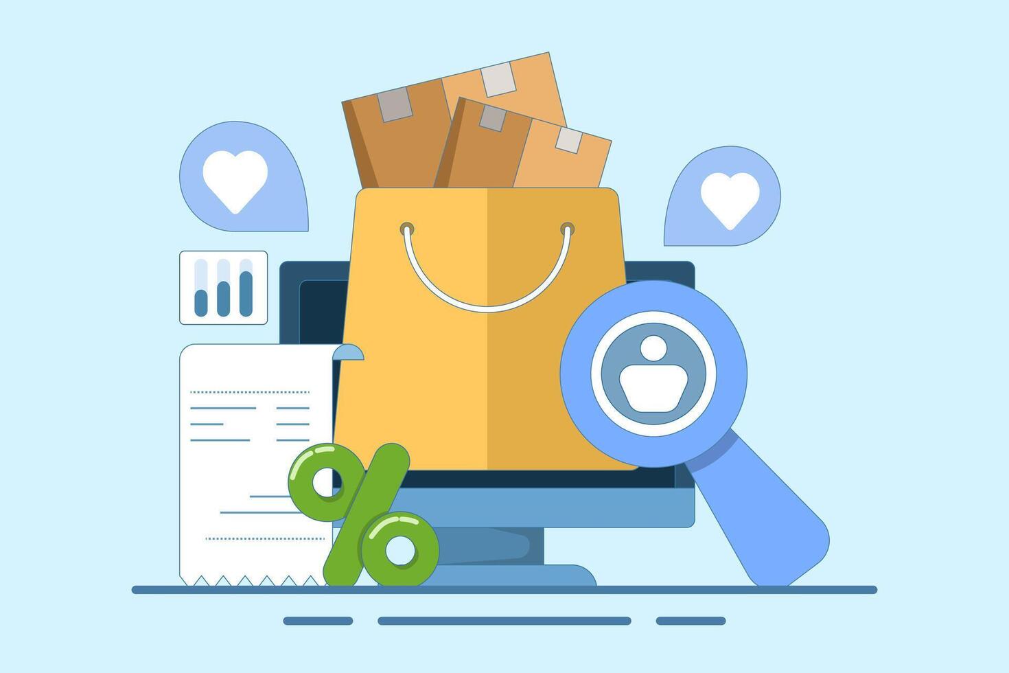 Customer purchase history analysis concept, Customer shopping behavior, e-commerce shopping concept, E-commerce sales, illustration with icons. vector
