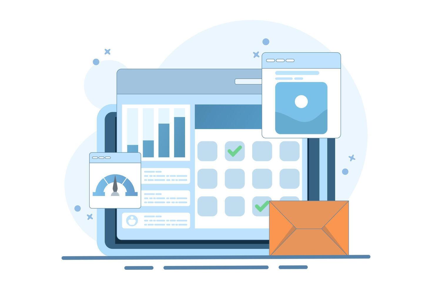 Concept of project management software that handles multiple business tasks, Company manages projects with project management system, Flat design illustration with icons. vector