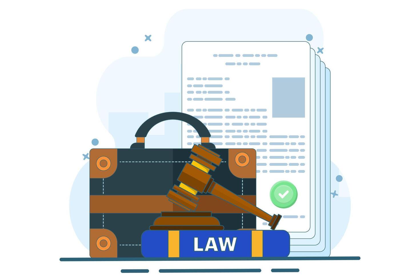 Lawyer document bag concept, business law portfolio, legal jurisprudence contract policy documents, case bag with corporate office permit forms. vector