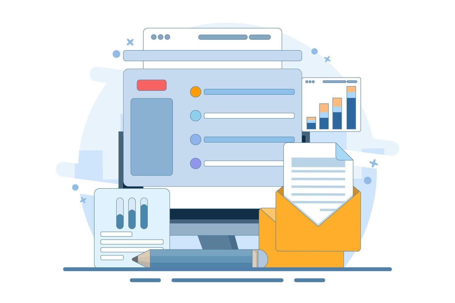 Online digital mail media content. Email service network website feedback. Information about events, activities, company information and announcements. Email message correspondence. vector